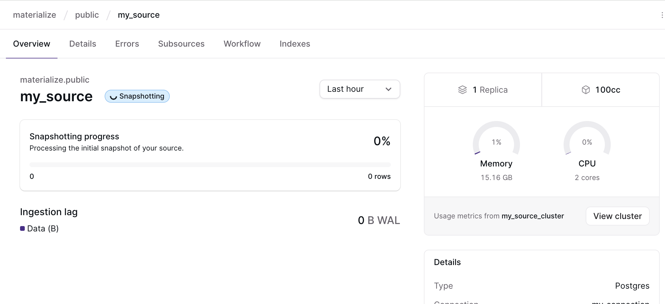 Materialize Console - Overview page displays snapshotting progress Source overview page