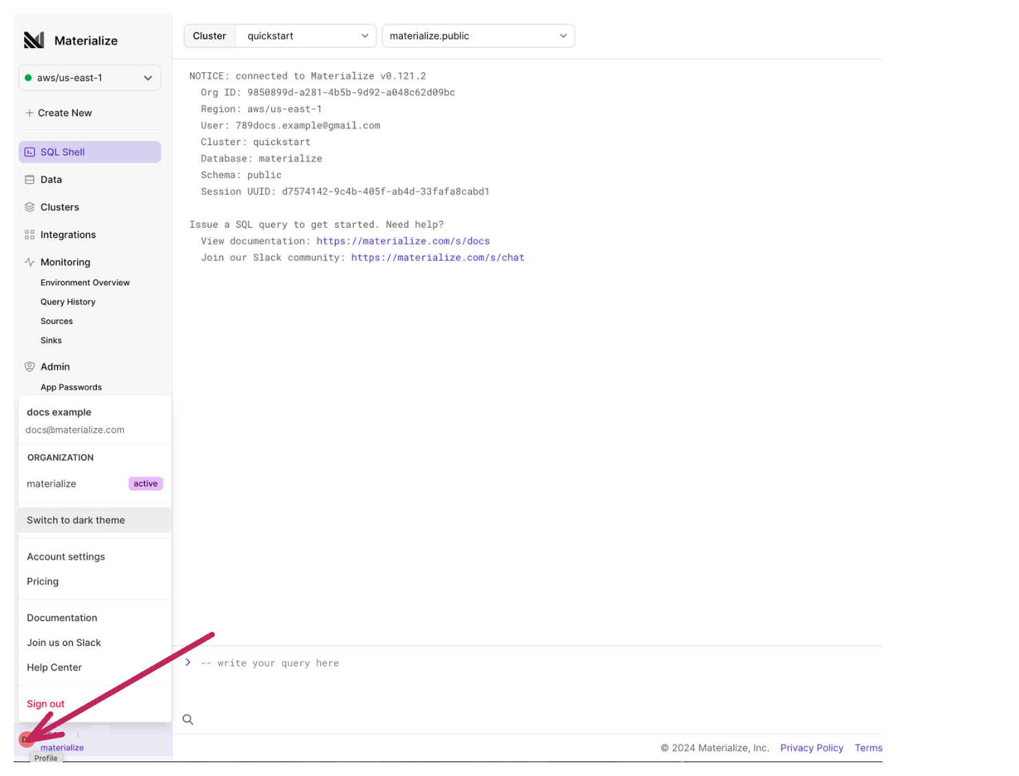 User profile menu Image of the user profile menu