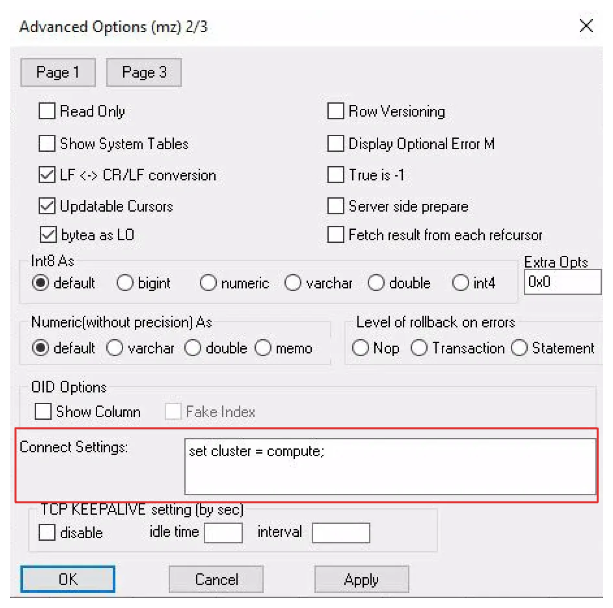 In
Advanced Options, specify the cluster in the **Connect Settings** field. Image of the Advanced Options