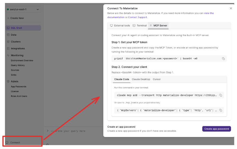Image of MCP tab in the Console&rsquo;s Connect
modal