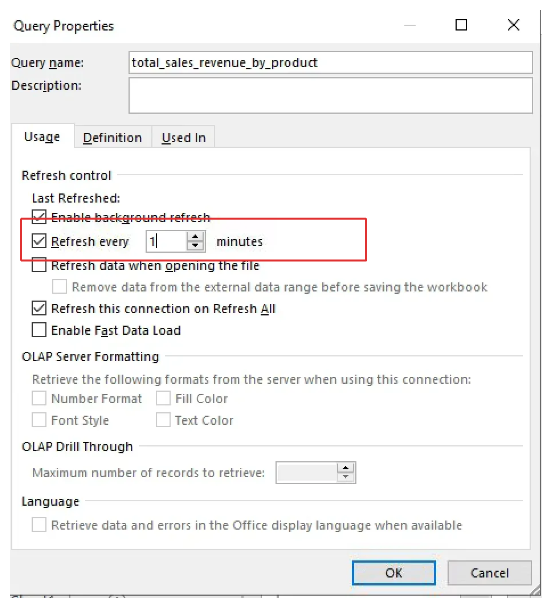 Image of Query Properties - updated refresh
rate