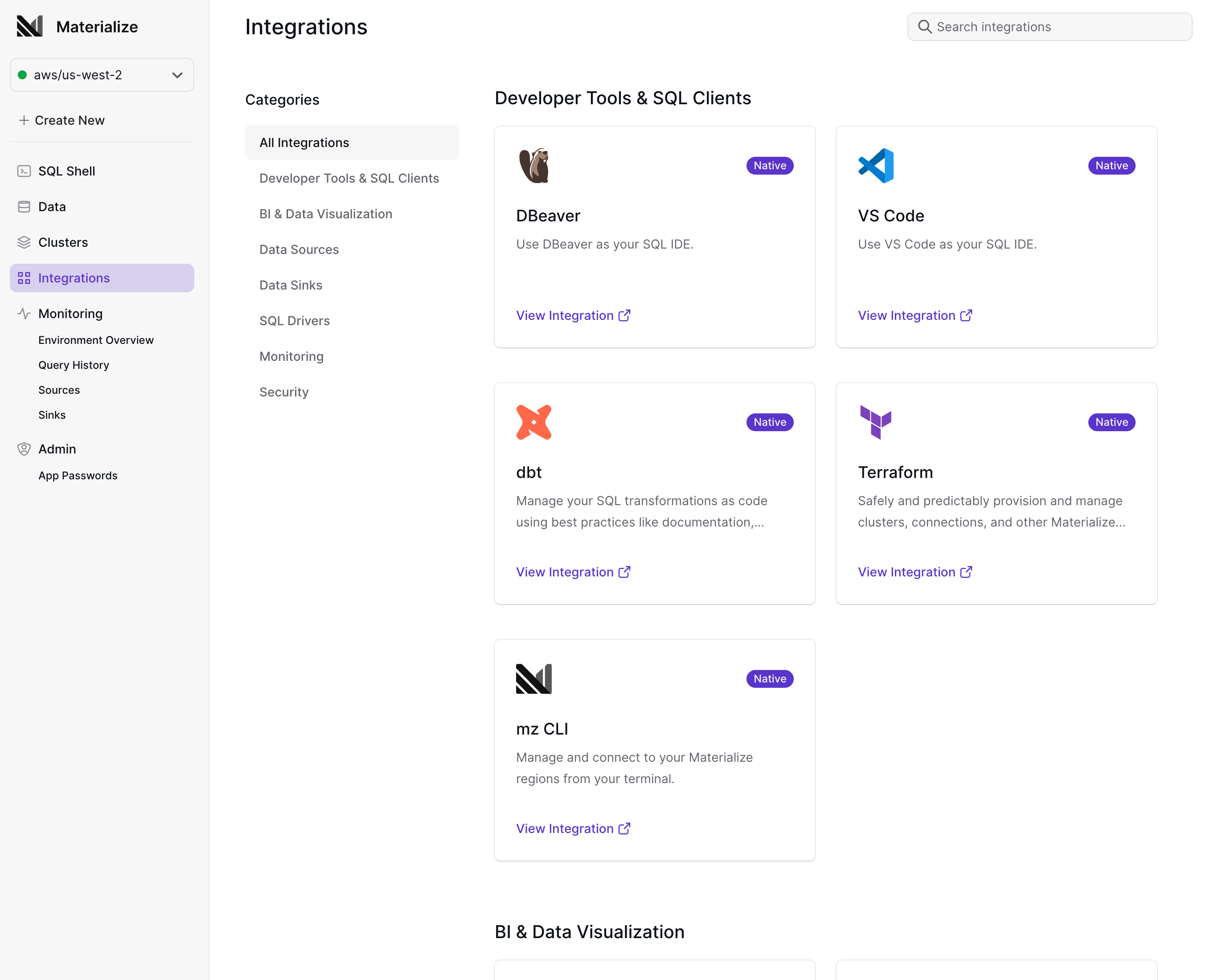 Materialize Console Integrations Image of the Materialize Console Integrations page