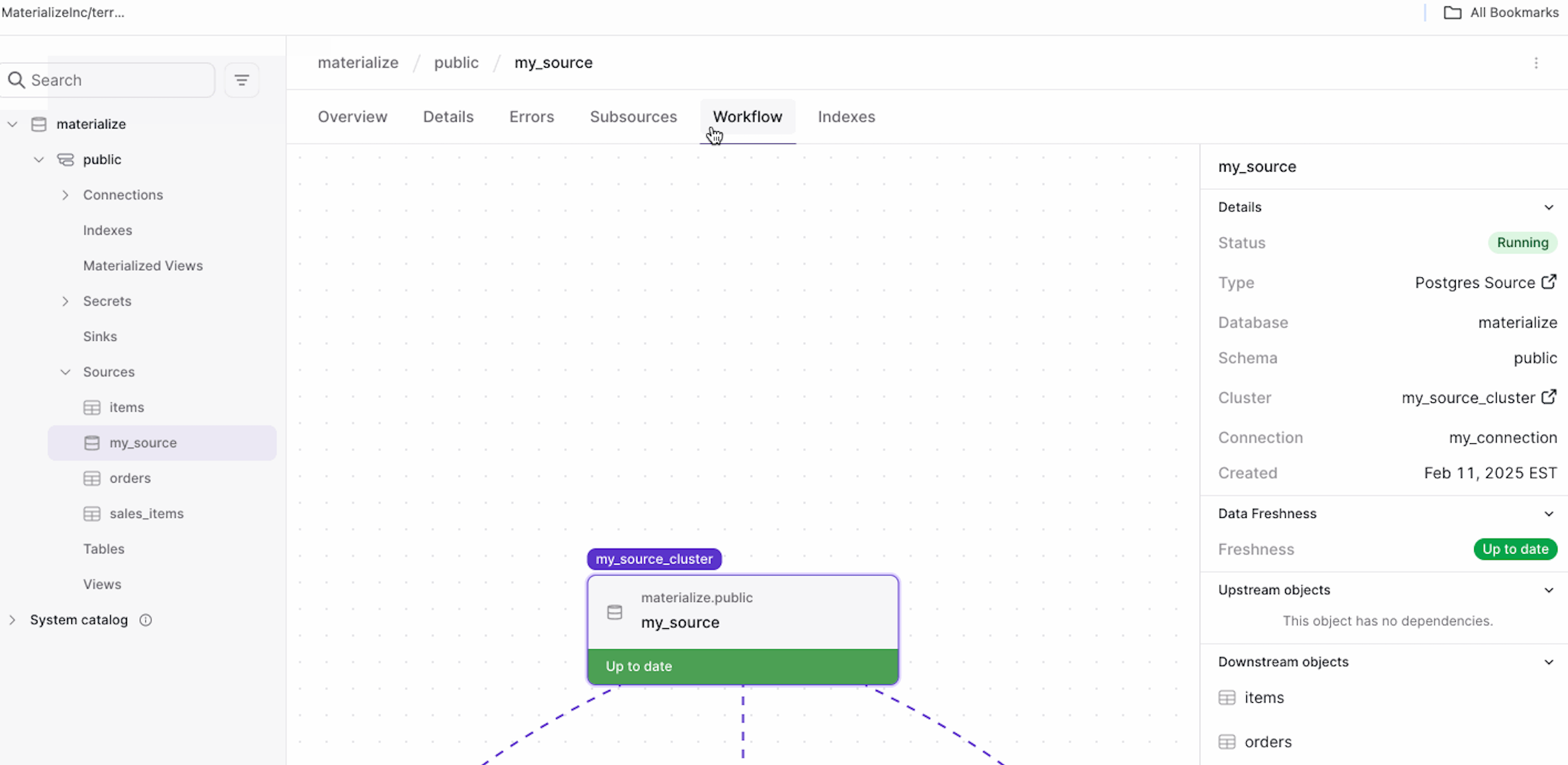 Materialize Console - Workflow page displays data freshness of a source Source workflow page