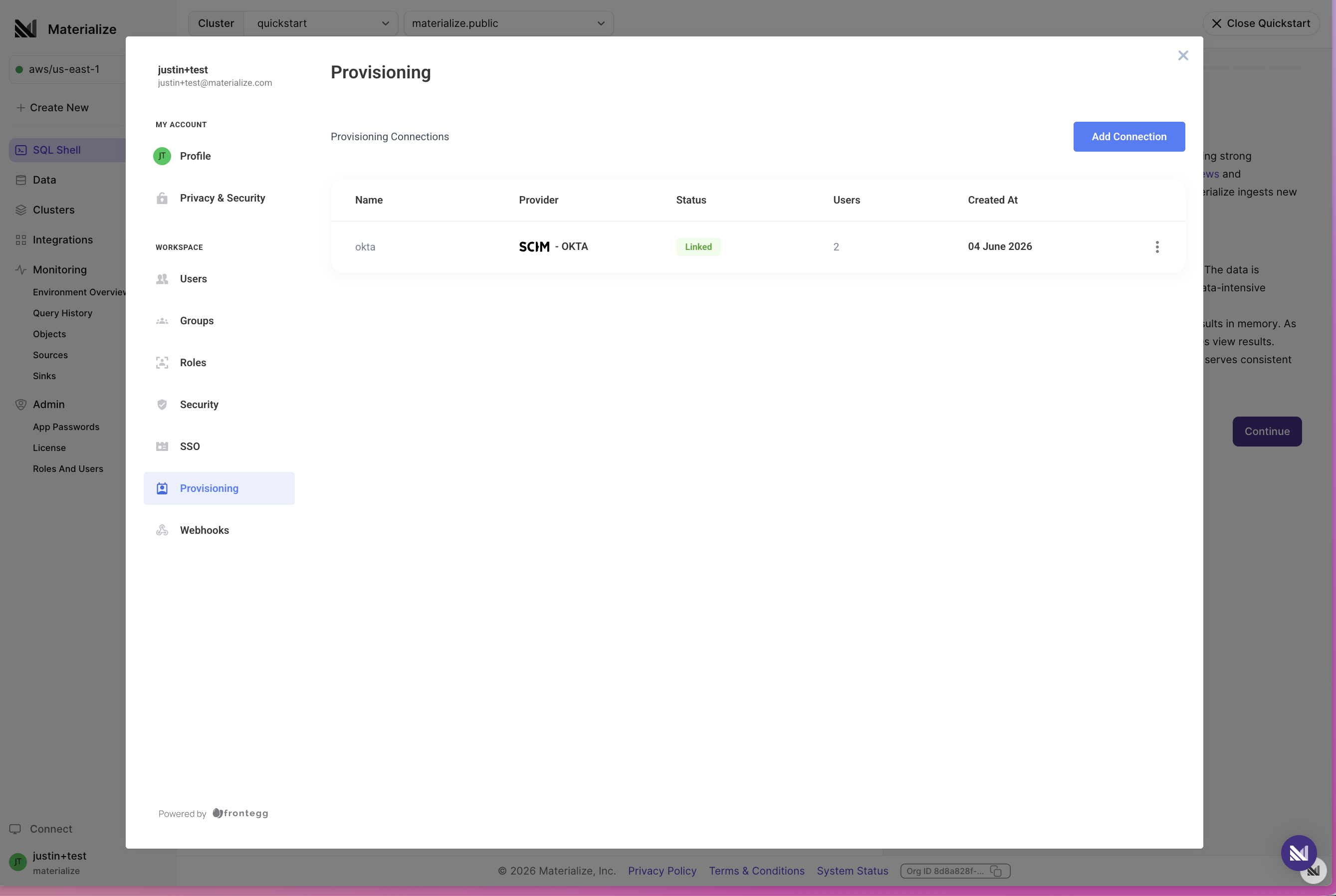 Provisioning connections in the Materialize Console