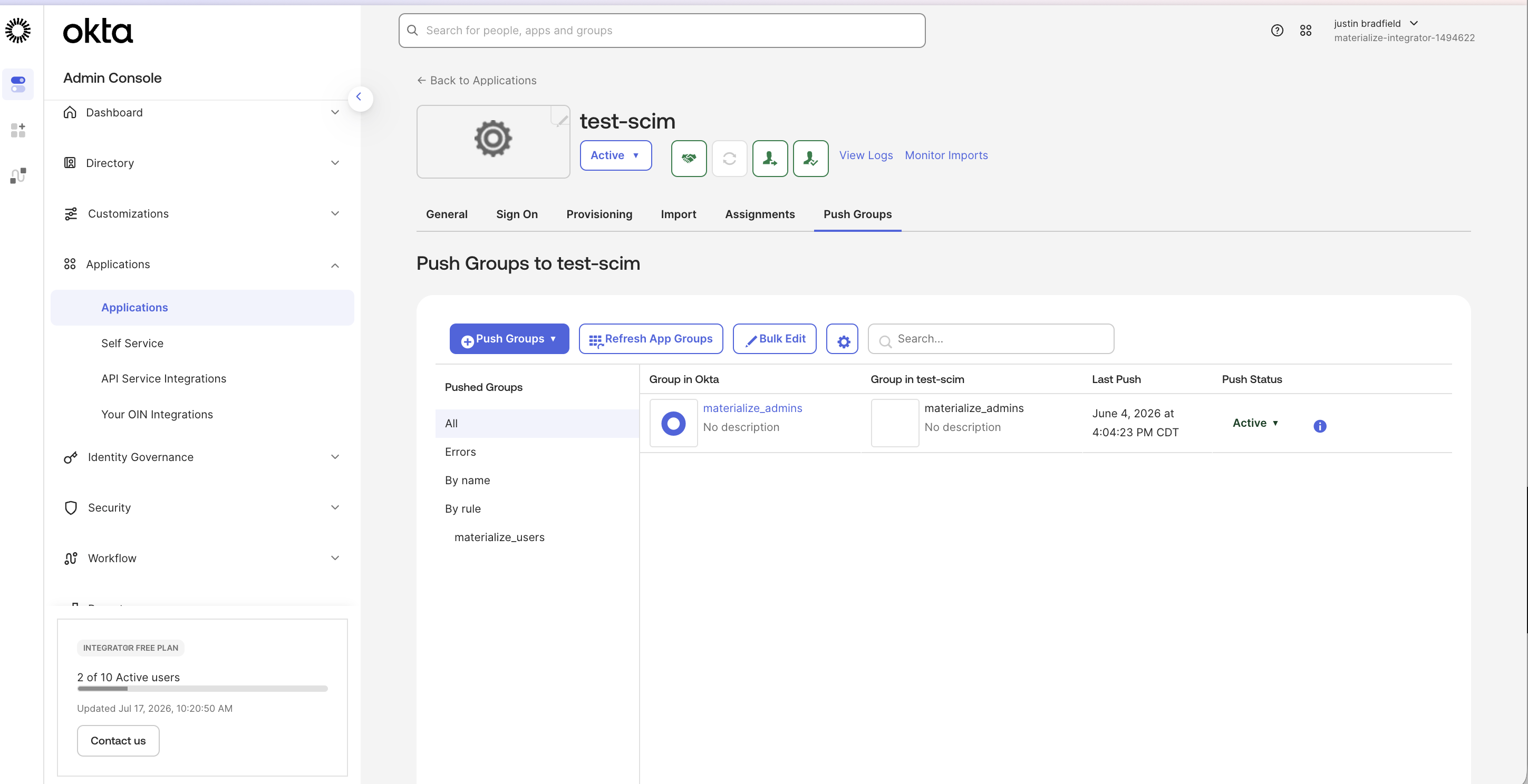 Push Groups tab of the Okta SCIM application