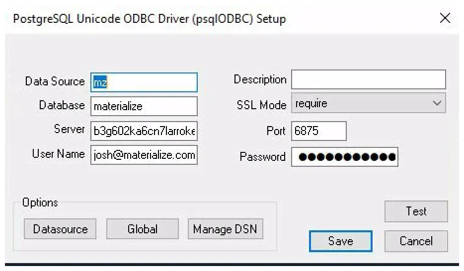 Image of the Materialize Data Source configuration
setup