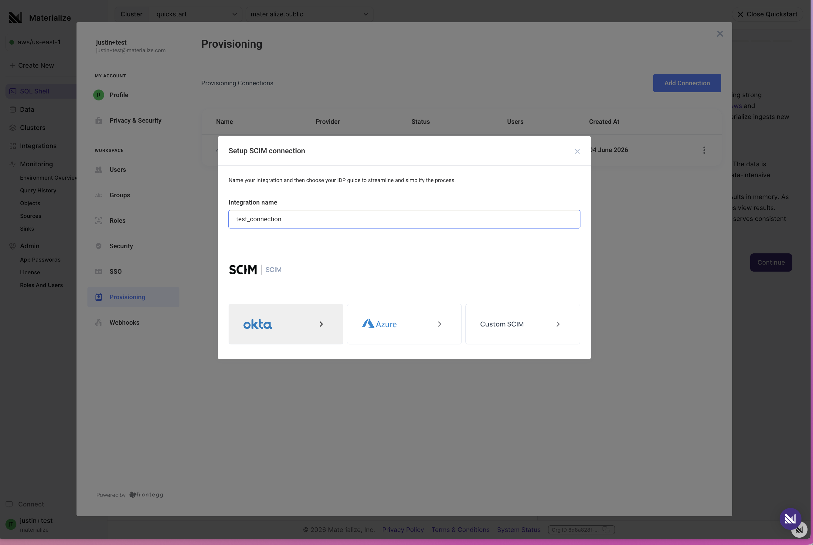 Setup SCIM connection dialog in the Materialize Console