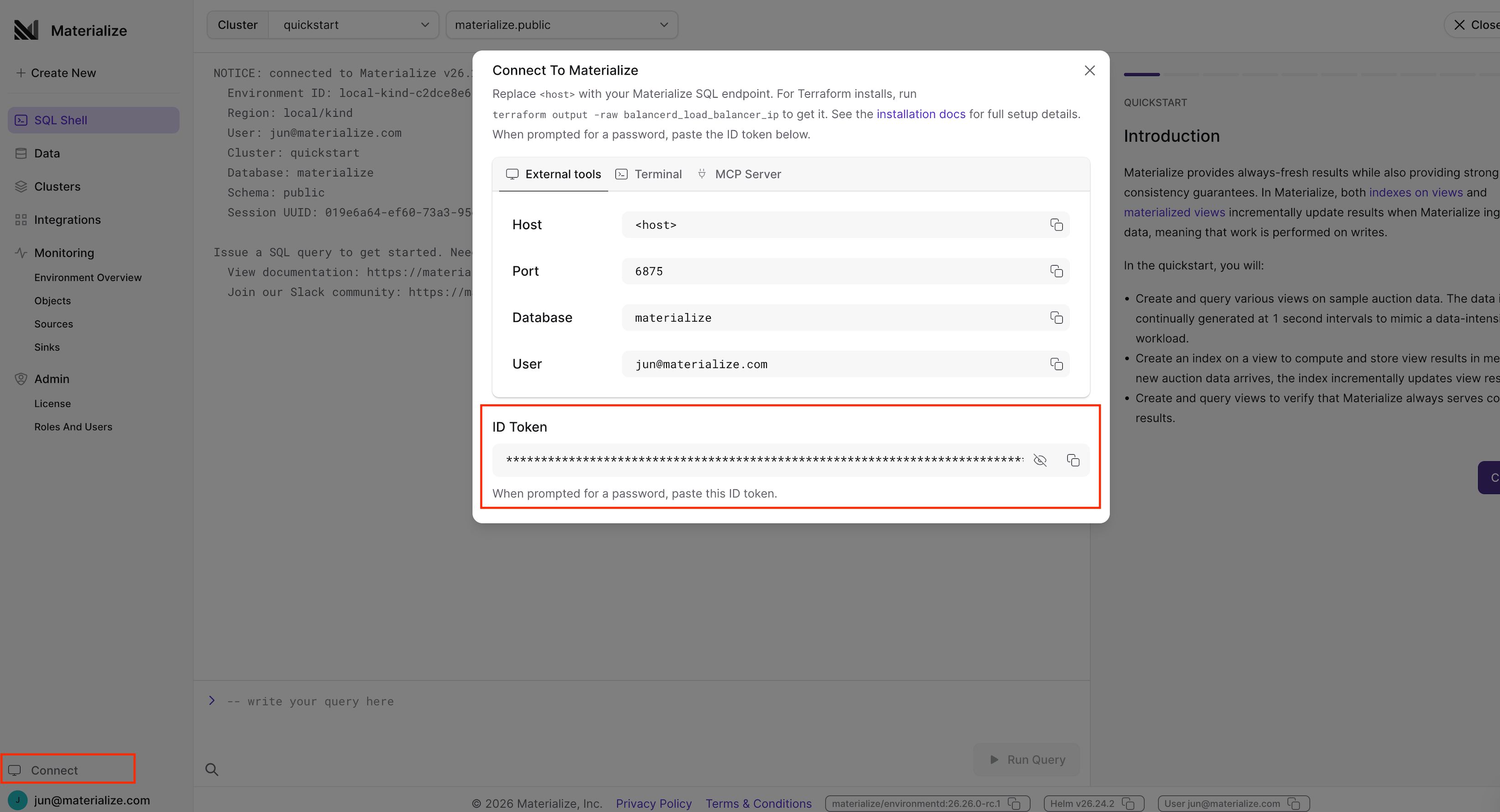 Materialize Console connect screen for OIDC Materialize Console connect instructions for OIDC