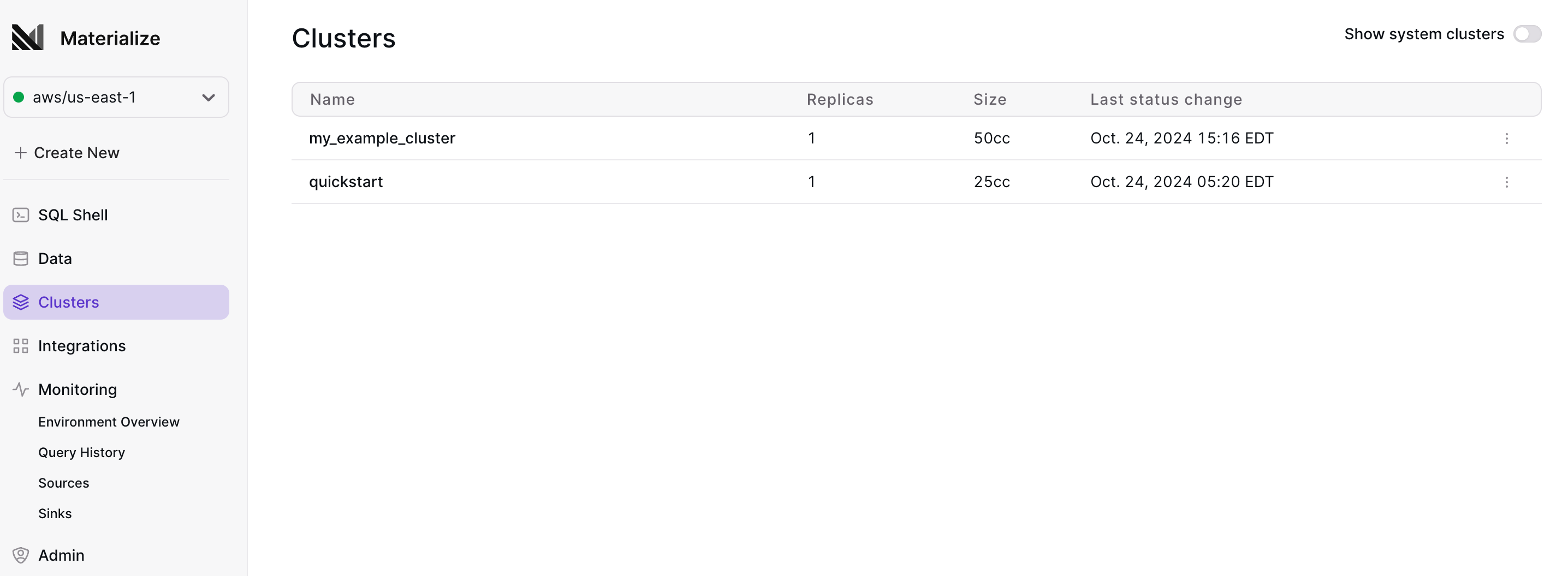 Clusters page
listing your clusters Image of Clusters page